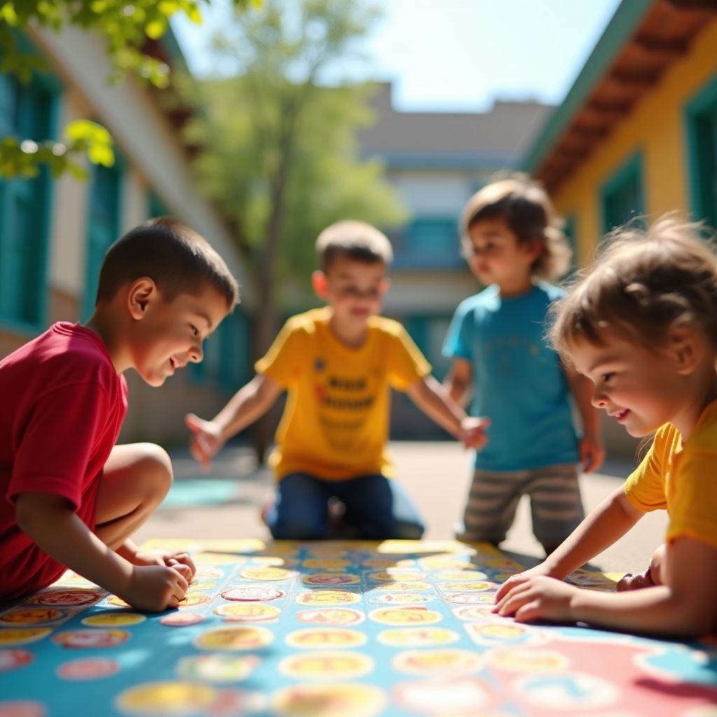 Niños jugando y aprendiendo inglés en el patio