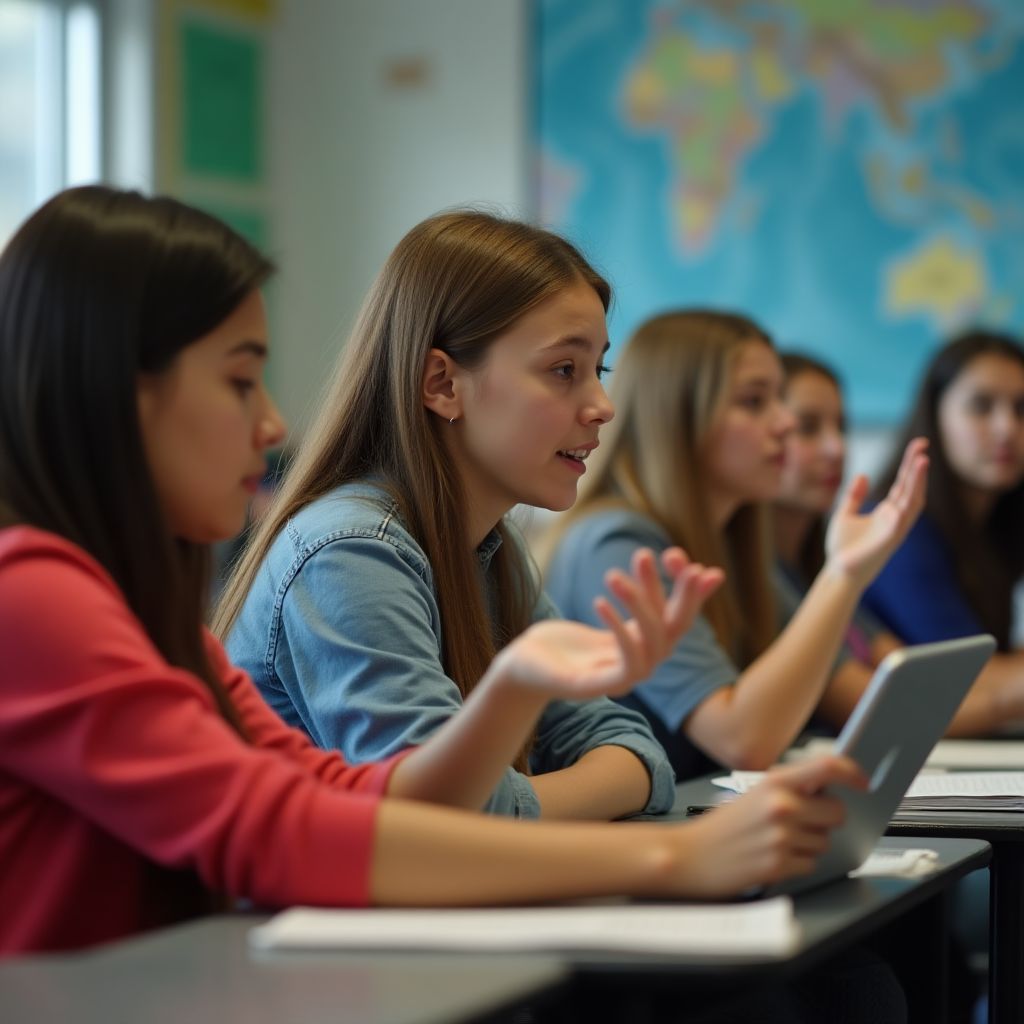Adolescentes debatiendo en una clase de inglés